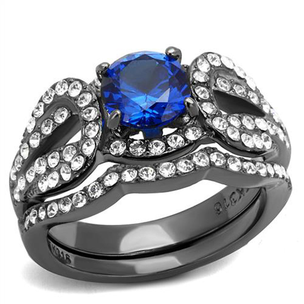 Womens London Blue Synthetic Spinel Light Black Stainless Steel Wedding Ring Set